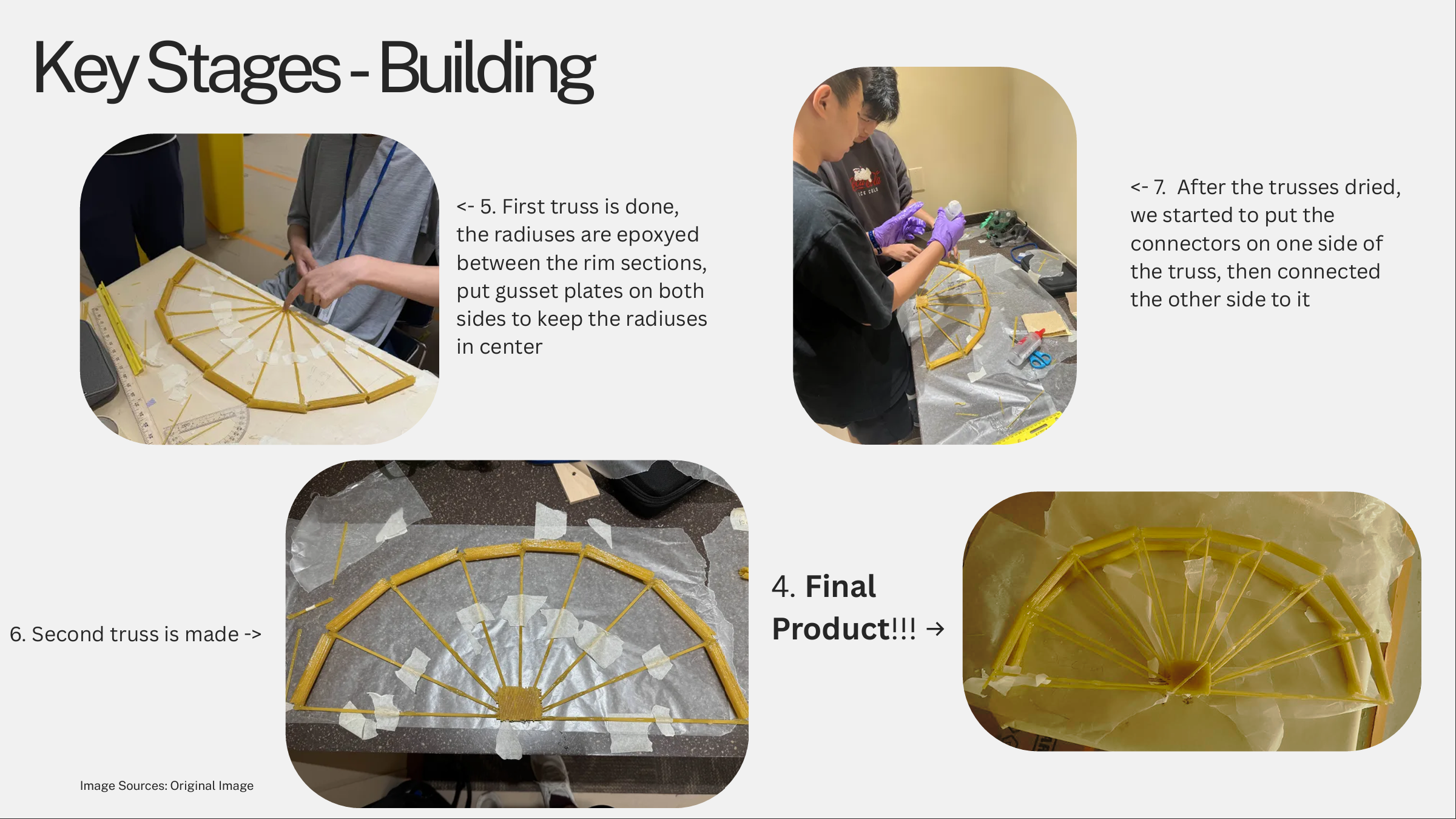 Key stages of bridge building: assembling two trusses, connecting the sides and the final bridge