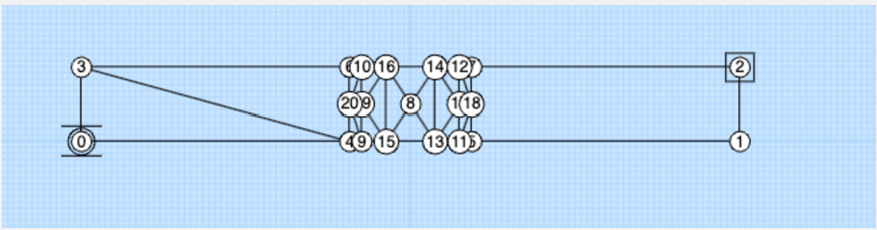Side view of the bridge truss model on a blue grid
