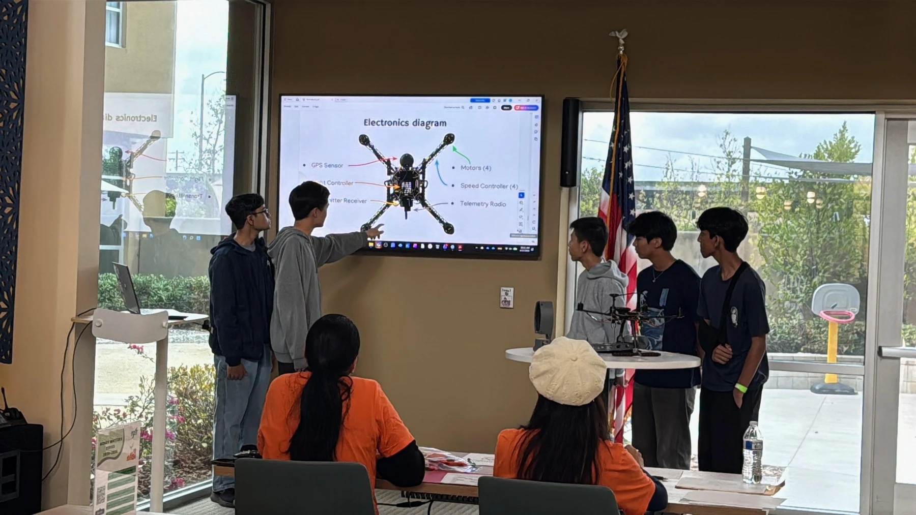 Team presenting the drone electronics diagram to an audience