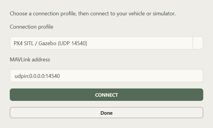 PX4 SITL / Gazebo connection profile dialog configured for UDP 14540