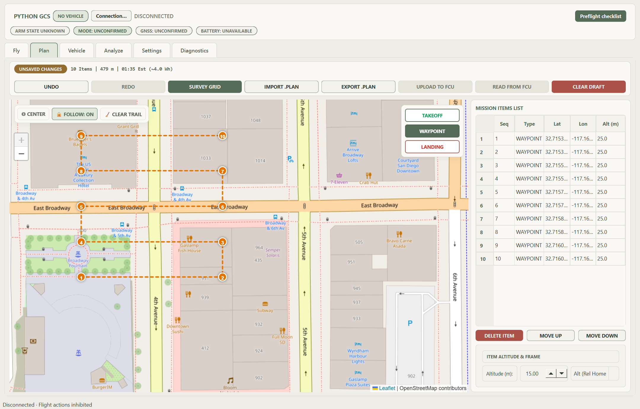OpenStreetMap mission planning with ten draft waypoints while disconnected