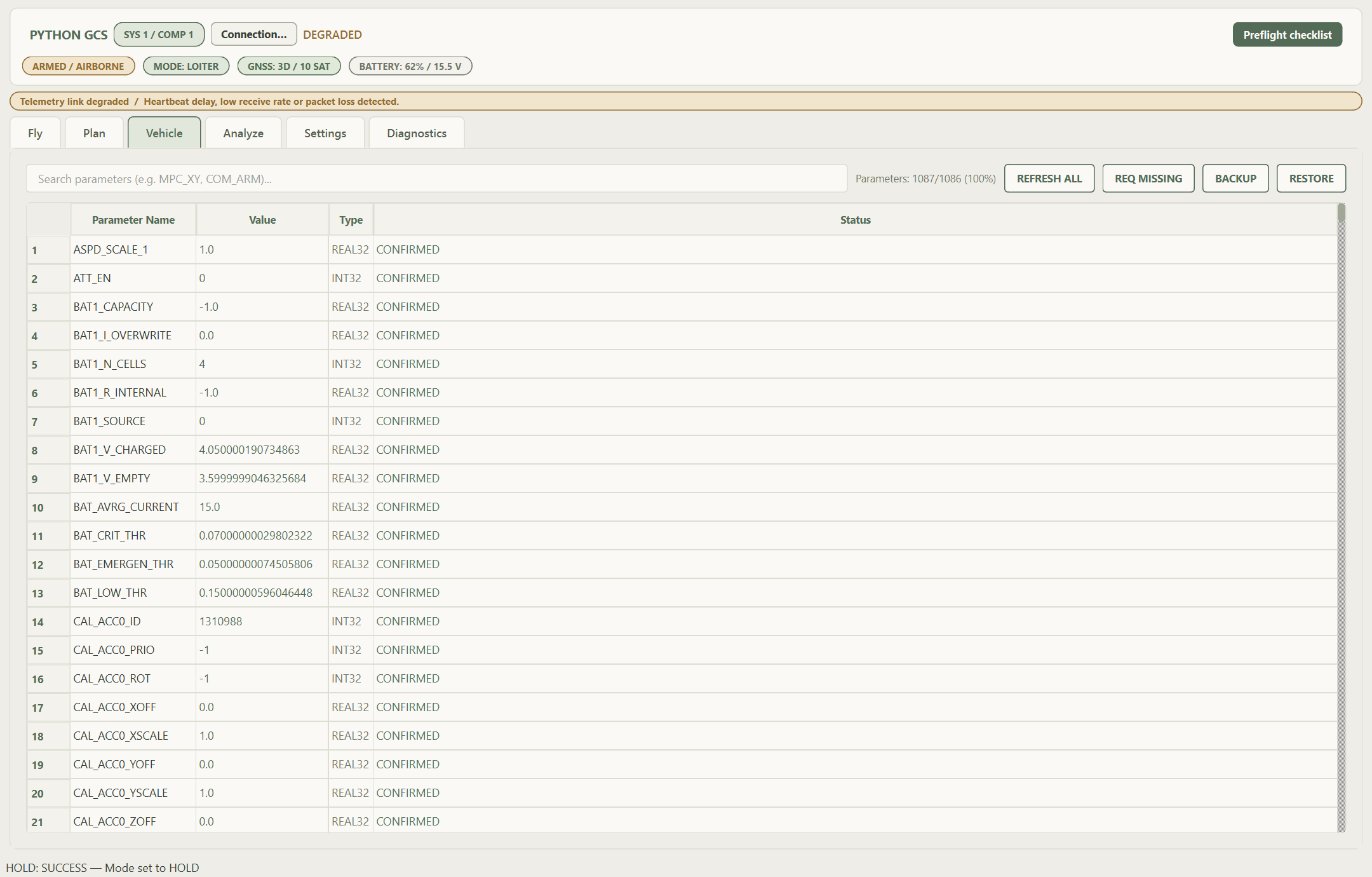 Vehicle parameter table with search, recovery, backup and restore controls