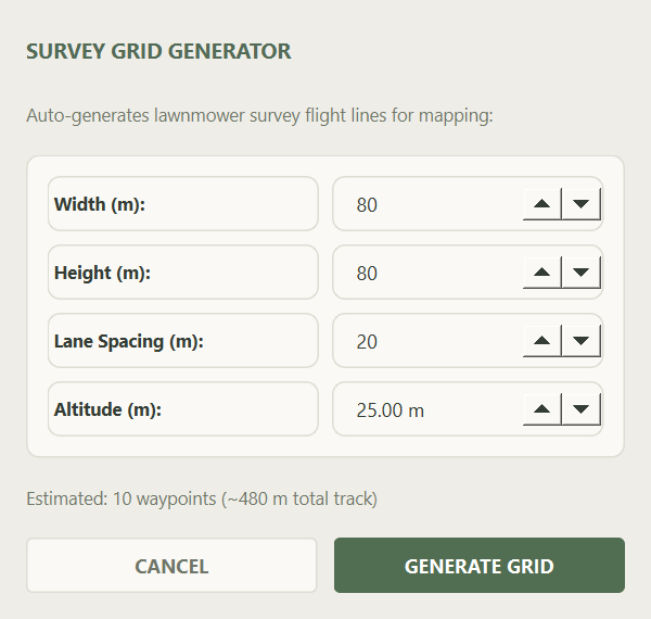 Survey grid generator with width, height, lane spacing and altitude controls