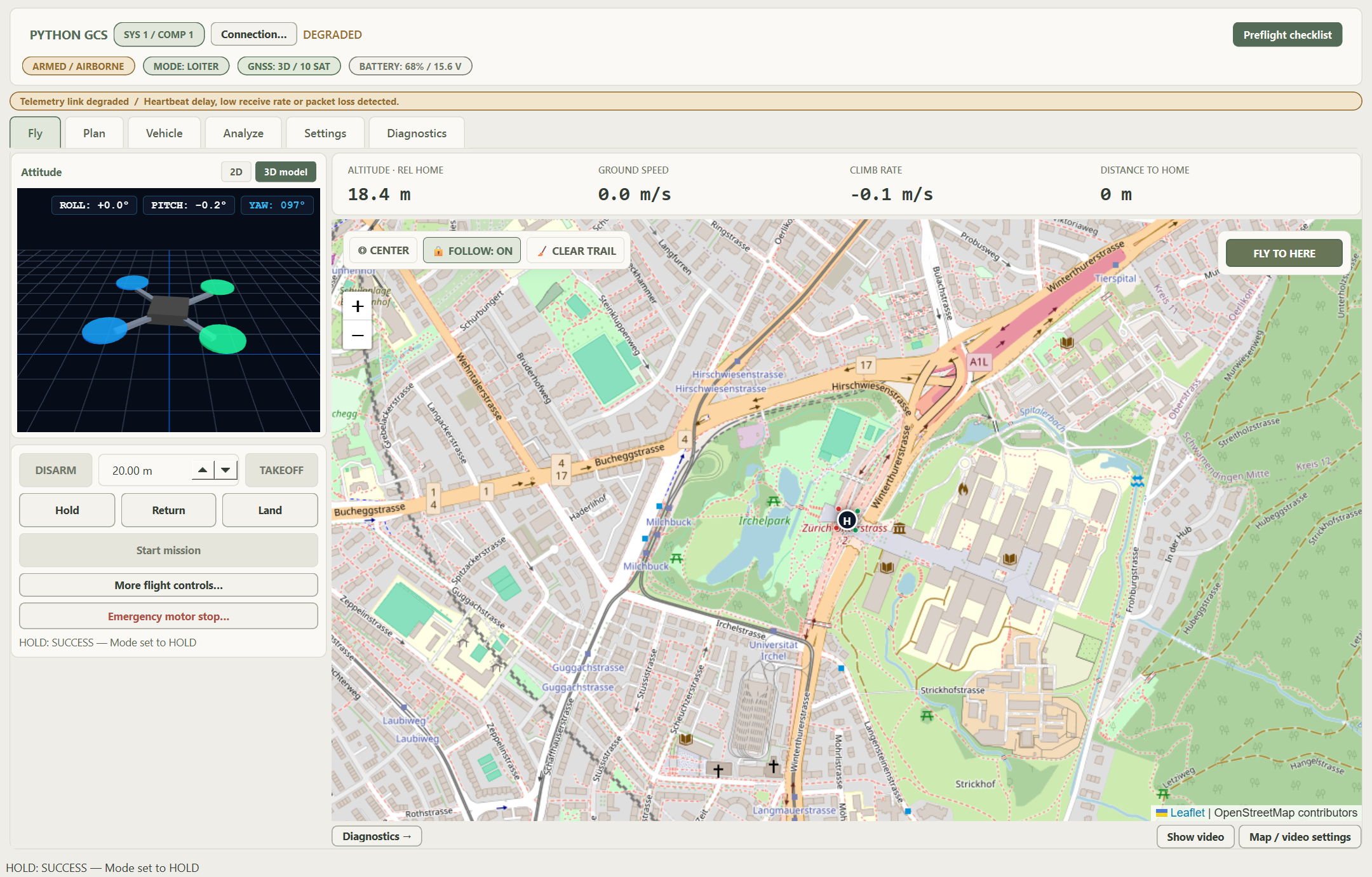 Python ground control station showing a 3D attitude model, flight telemetry and OpenStreetMap with a degraded-link status