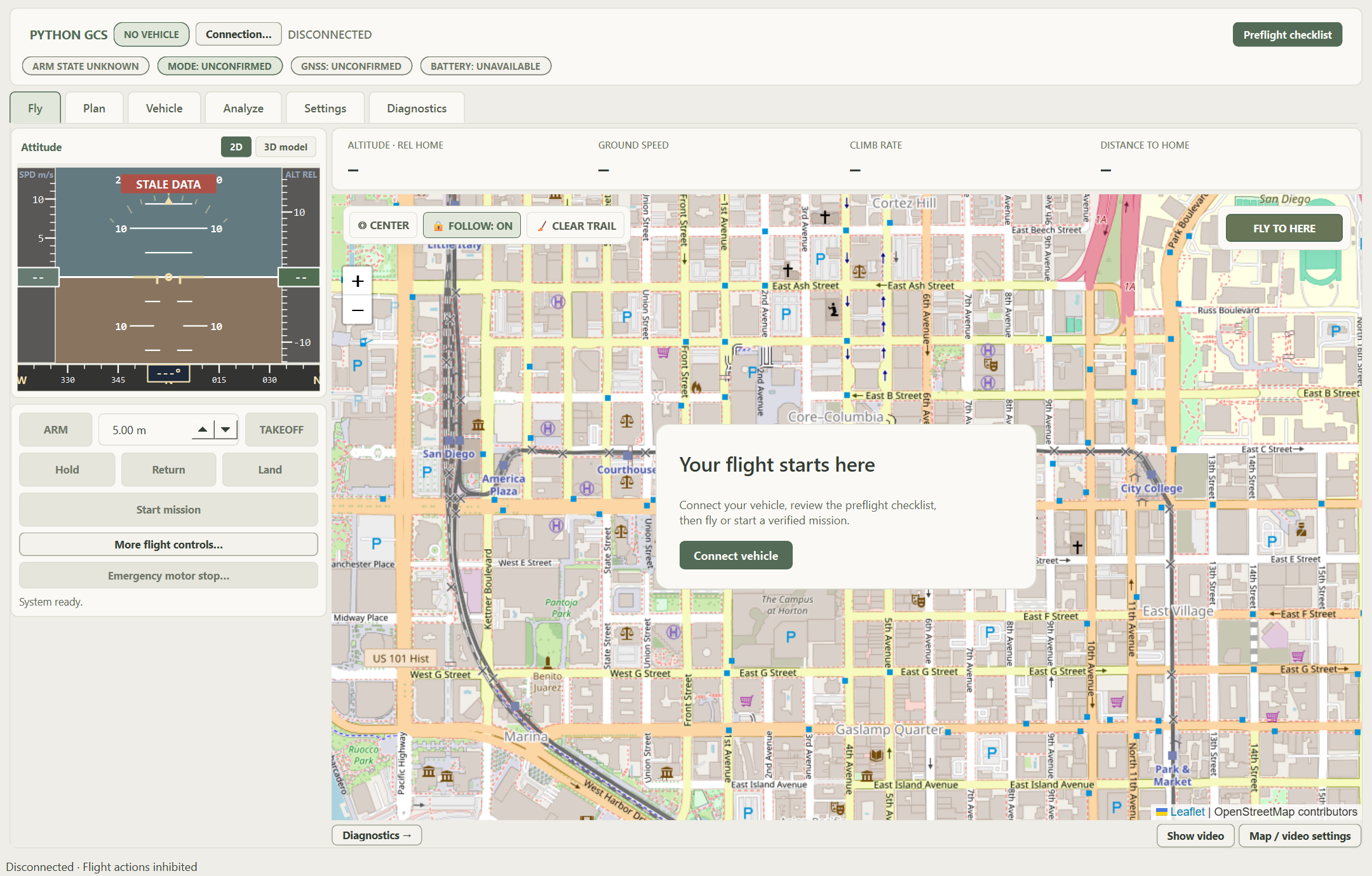 Python GCS Fly workspace with attitude display and OpenStreetMap, shown disconnected