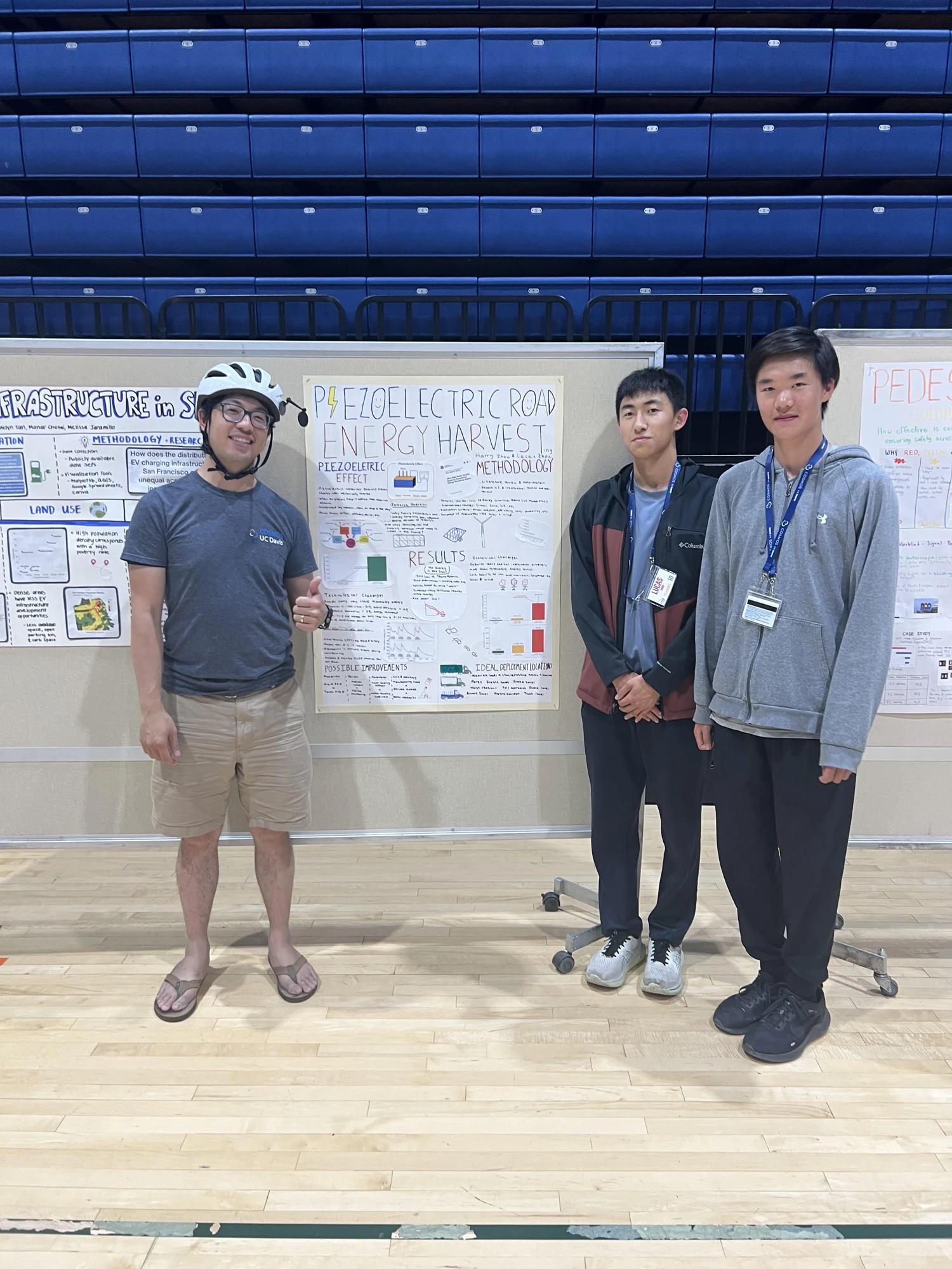 Group photograph beside a piezoelectric roadway energy-harvesting poster
